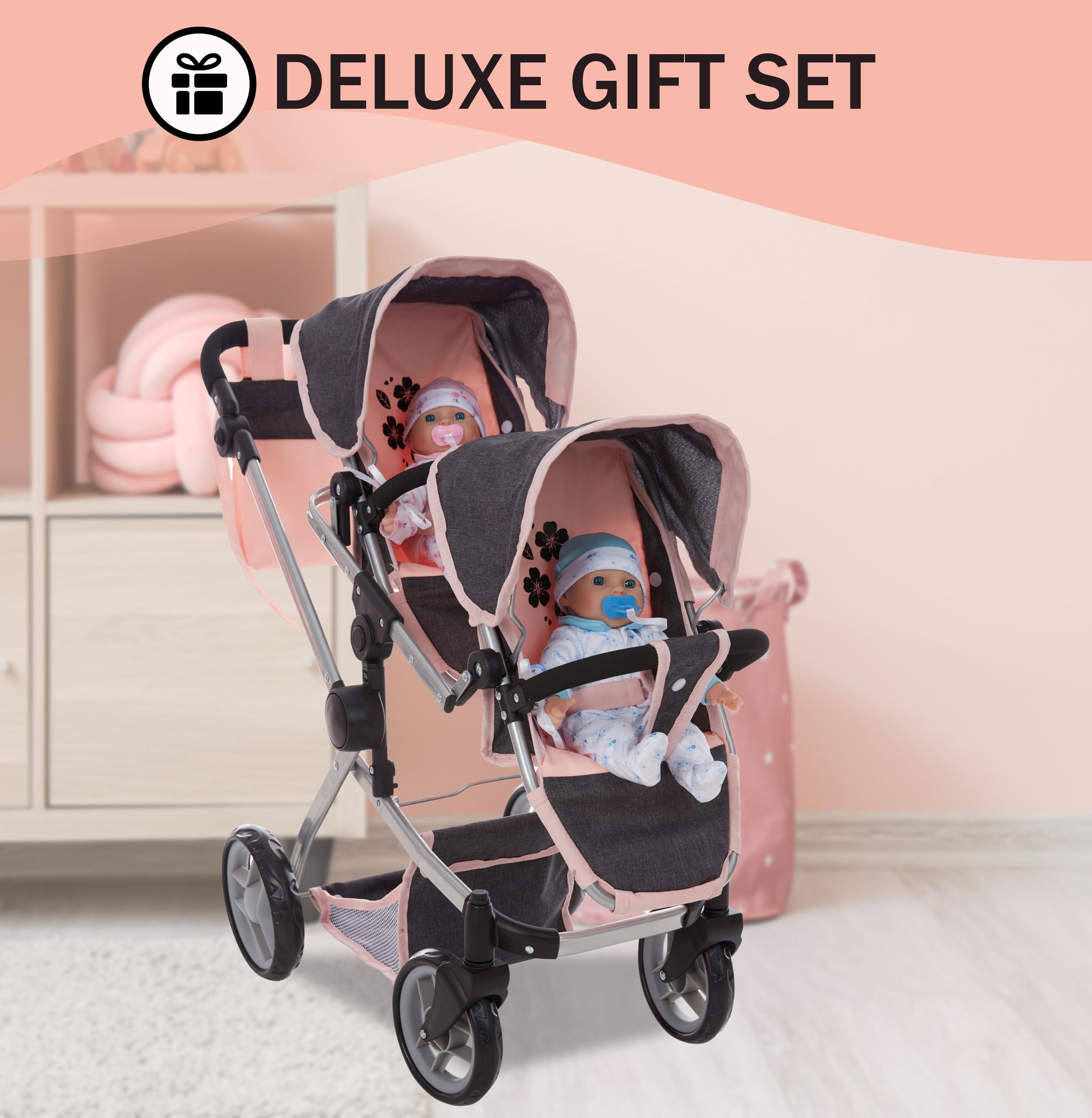 Dolls To Play swivel wheels glide smoothly for easy maneuvering indoors or outdoors.