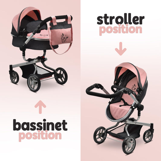 Dolls To Play pram features rotating wheels for smooth push and outdoor fun.