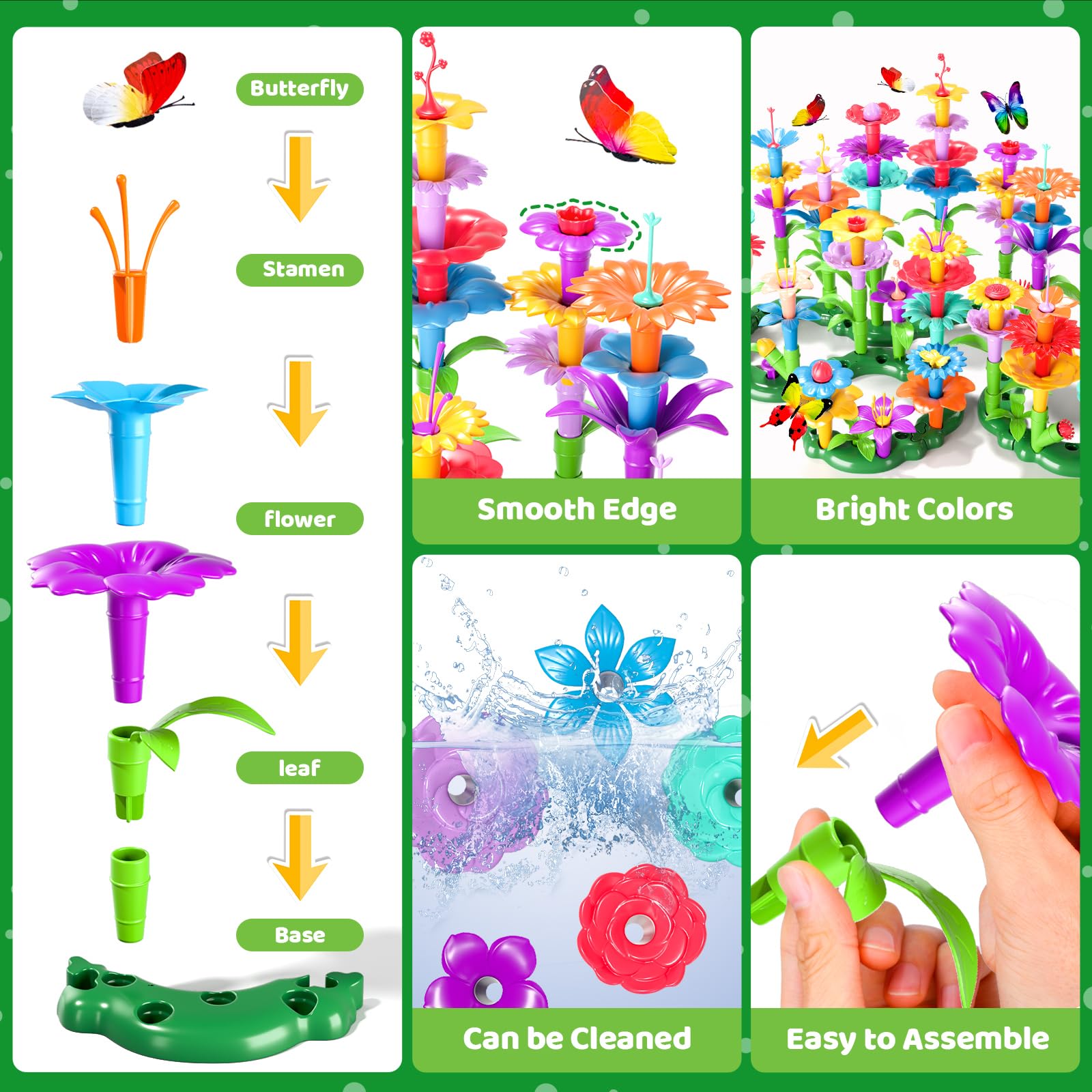 Colorful petals and stems showing interchangeable parts for garden designs