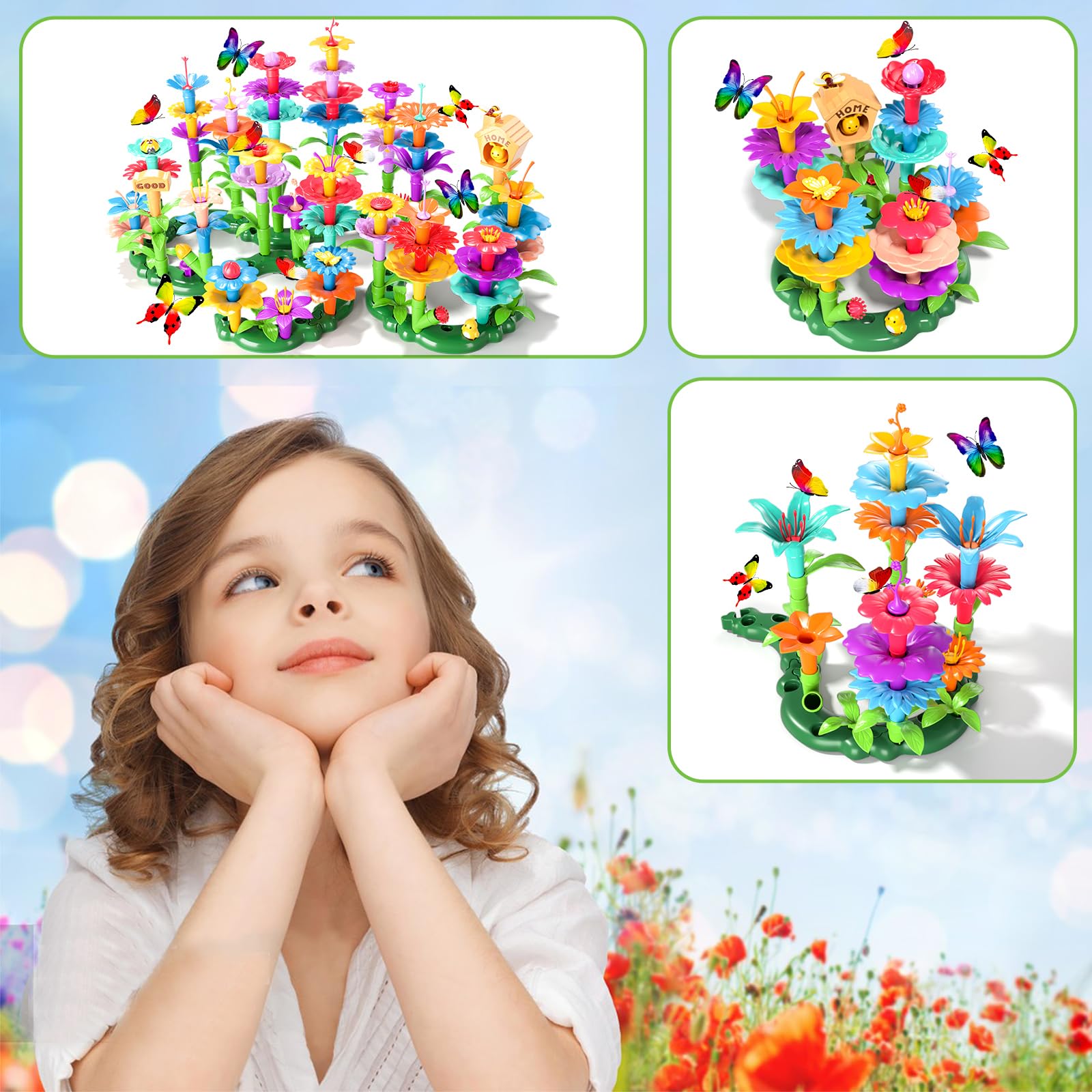 Child using small hands to build a garden scene with stems and leaves