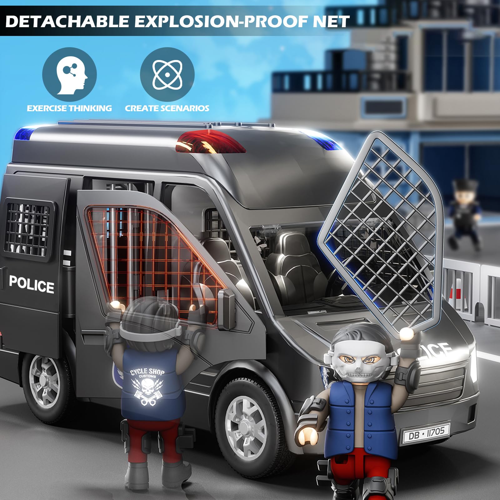 Doloowee Police Car Toy Truck doors open for quick figure access.