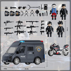 Doloowee Police Car Toy Truck with figures and motorcycle for adventures.