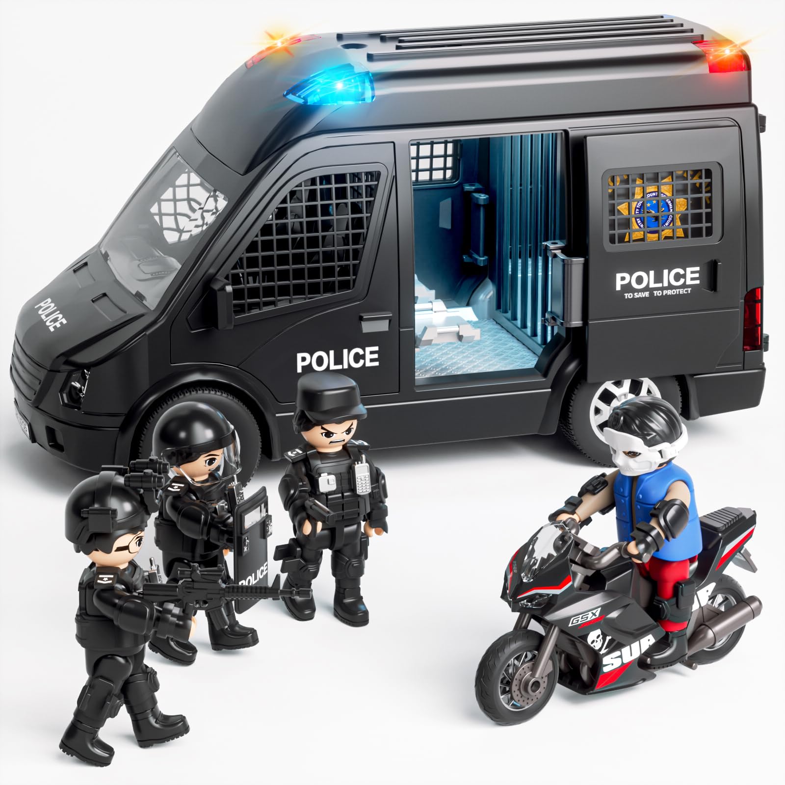 Doloowee Police Car Toy Truck front view with bright lights for immersive play.