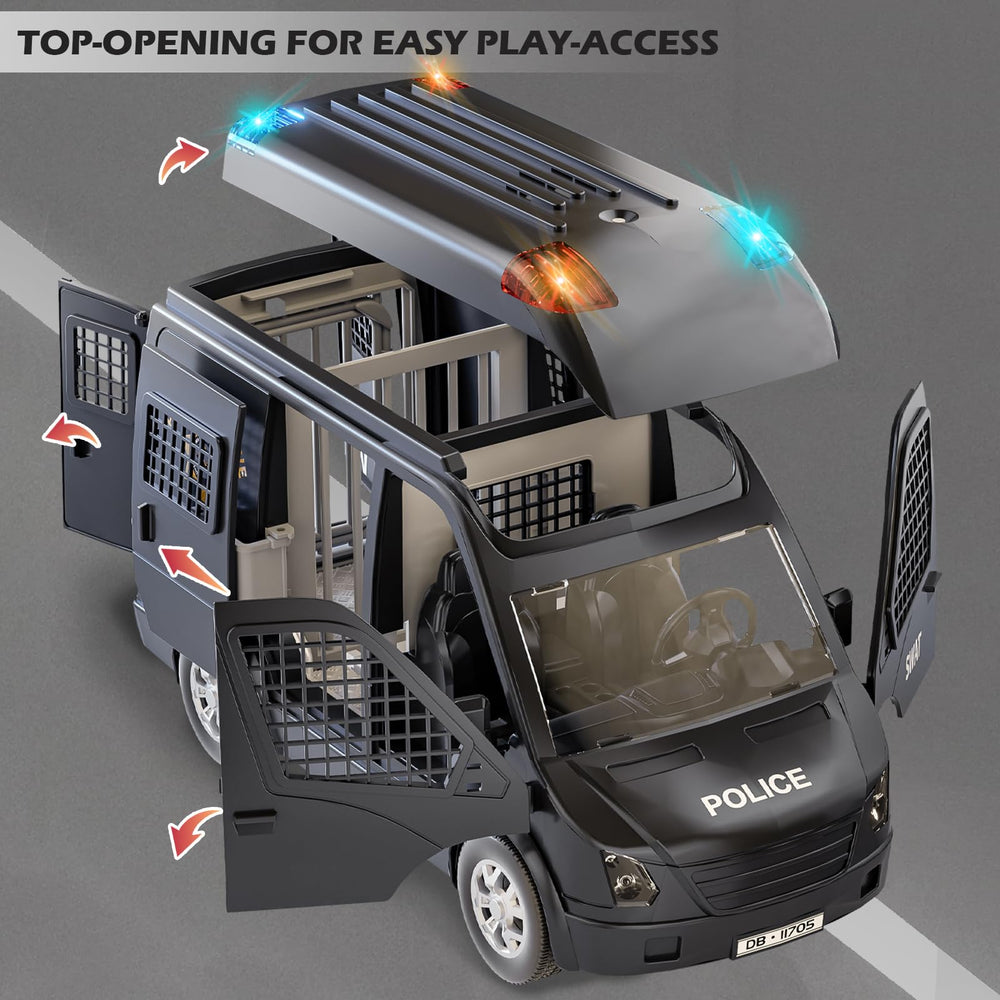 Doloowee Police Car Toy Truck interior doors open for easy accessory storage.