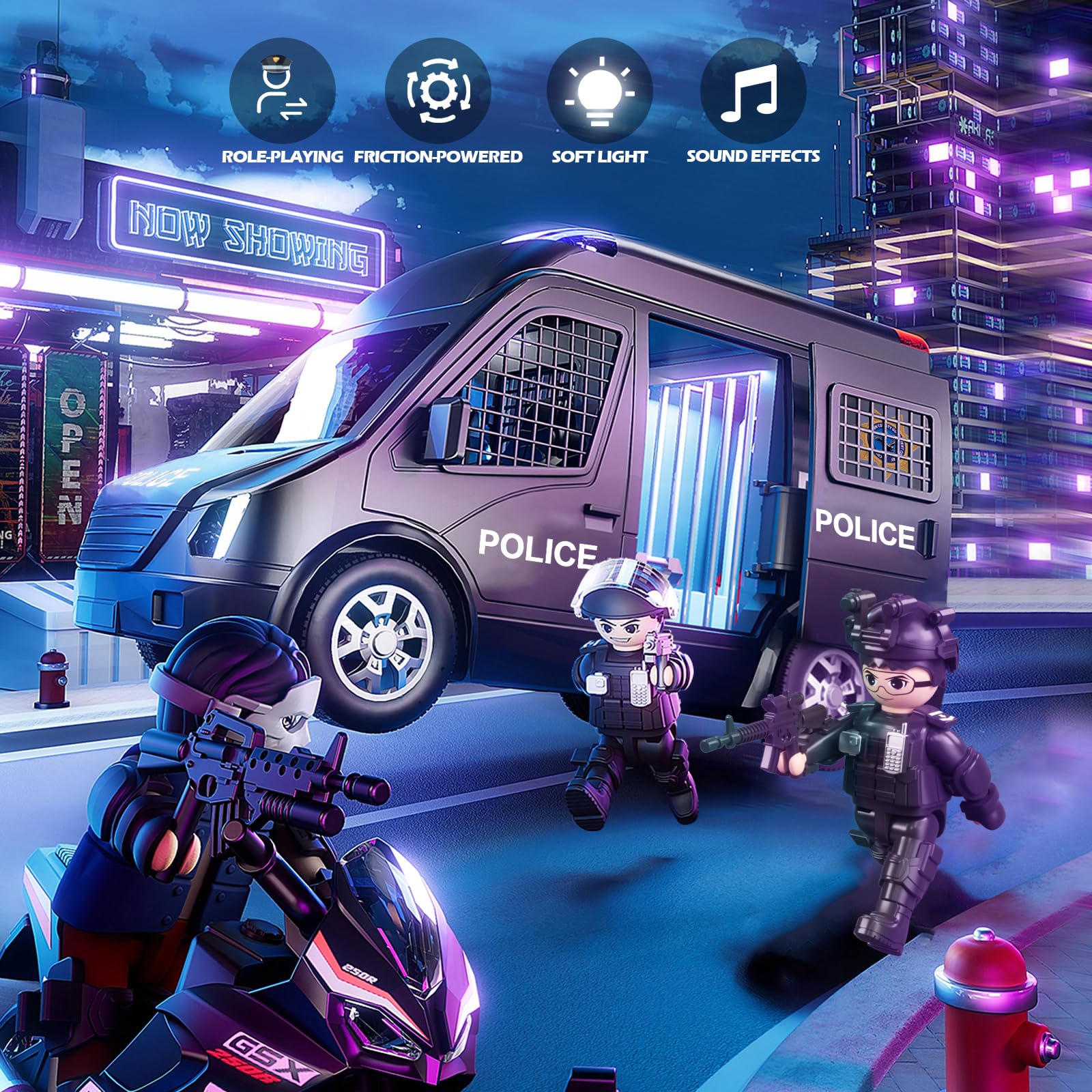 Doloowee Police Car Toy Truck includes detention cage for action storytelling.