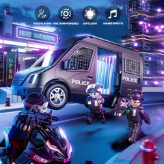 Doloowee Police Car Toy Truck includes detention cage for action storytelling.