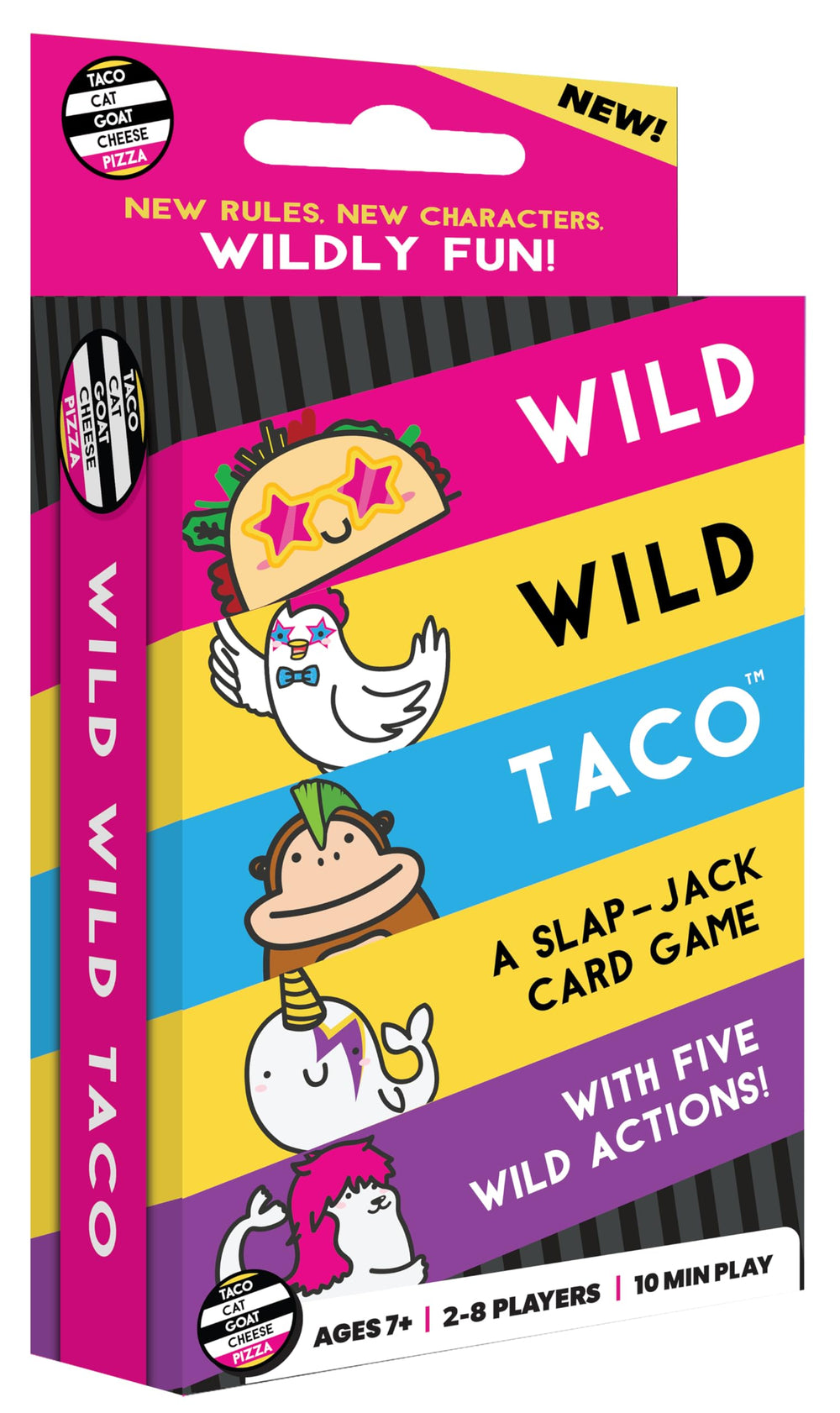 Dolphin Hat Games' Wild, Wild Taco deck on table for quick family fun.