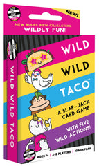 Dolphin Hat Games' Wild, Wild Taco deck on table for quick family fun.