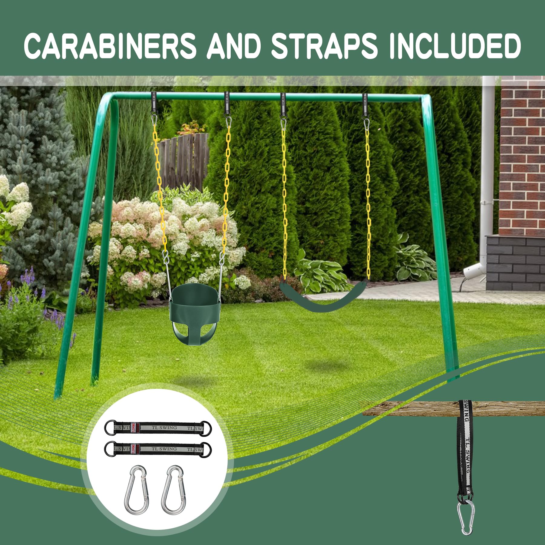 Domaker green outdoor swing set scene highlights family-friendly backyard fun.