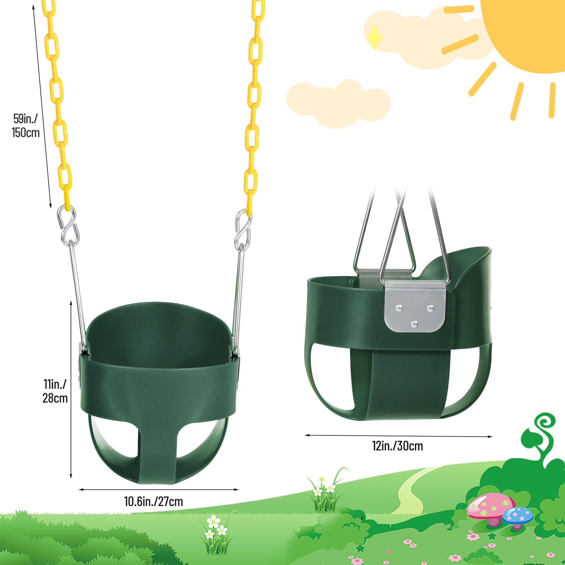 Domaker high-back bucket swing seat provides secure support during play.