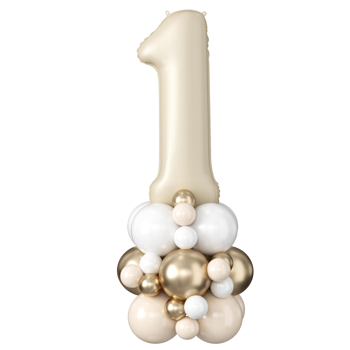 Domgoge 40-inch cream number 1 balloon tower as a bold birthday centerpiece.