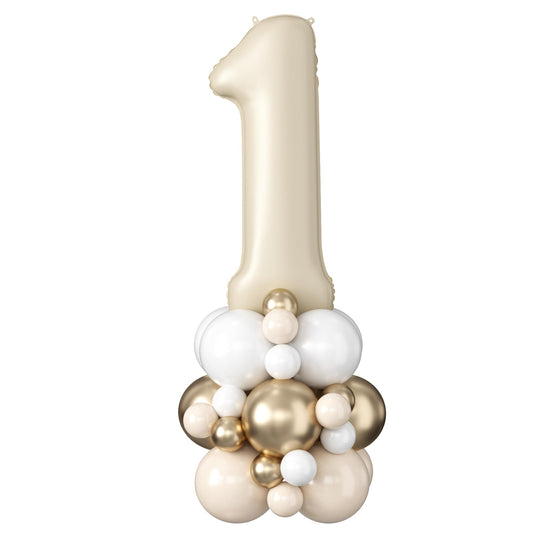 Domgoge 40-inch cream number 1 balloon tower as a bold birthday centerpiece.
