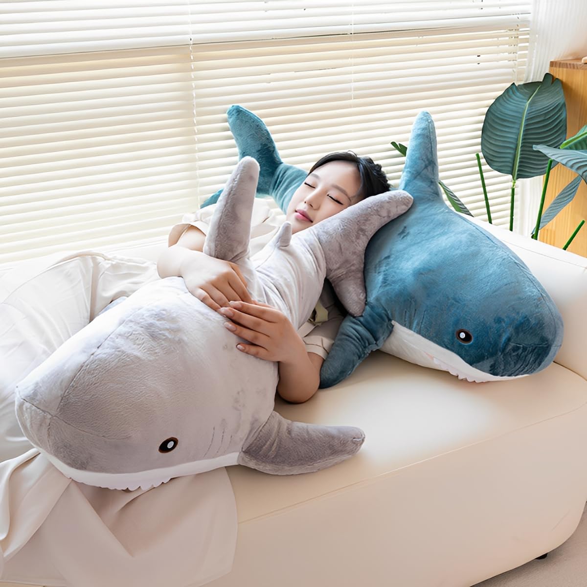 DongAi blue shark plush face detail highlighting soft texture for bedtime comfort