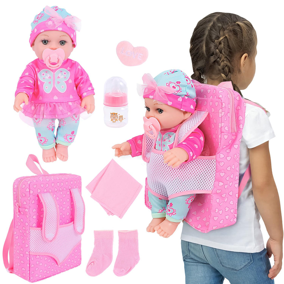DONTNO 12-inch baby doll with clothes and backpack carrier for on-the-go pretend play
