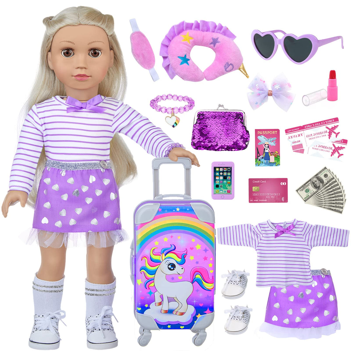 DONTNO 18-inch doll unicorn travel suitcase for imaginative play