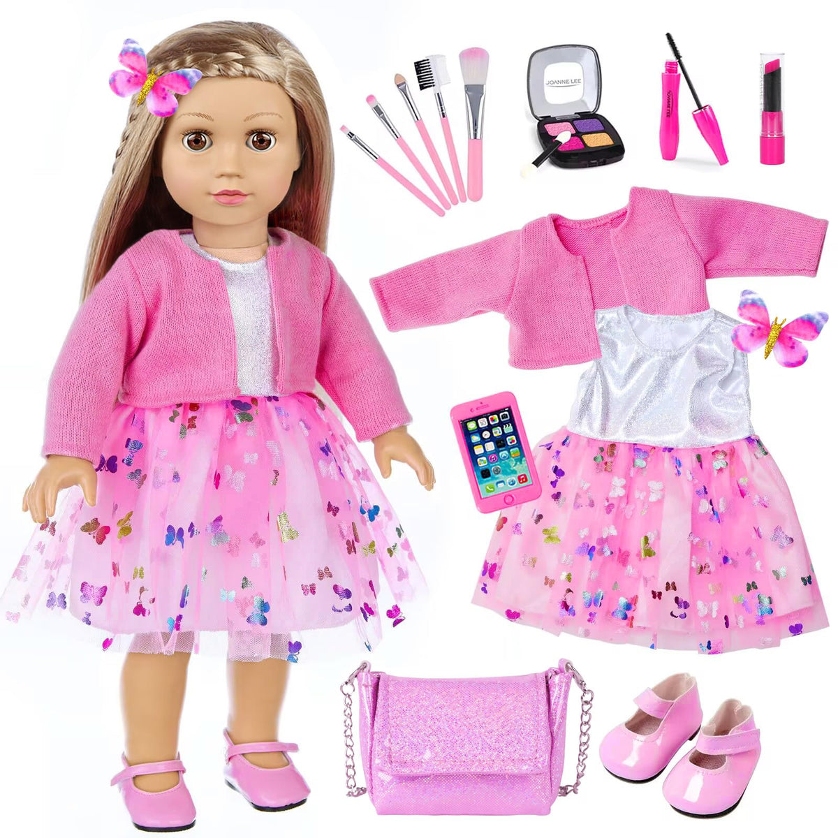 DONTNO 18-inch doll makeup set featuring dresses and a messenger bag for imaginative play.