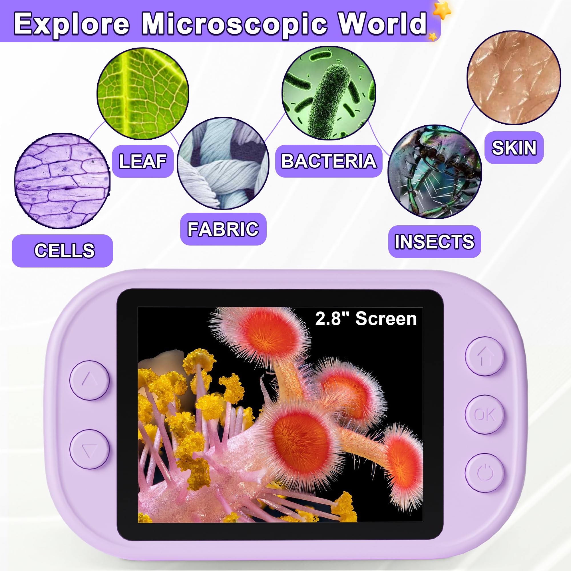 Doobuli Kids Microscope ips-display bright 2.8-inch viewing for easy inspection.