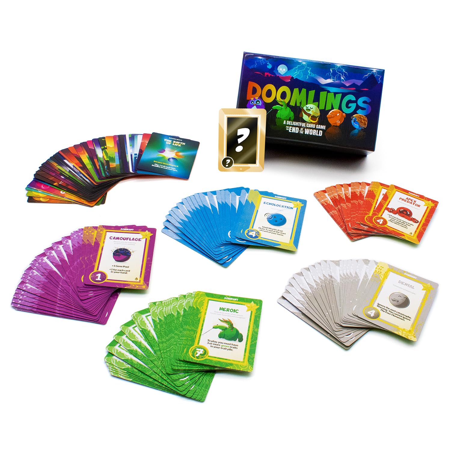Doomlings Base Edition cards spread on a table ready for play