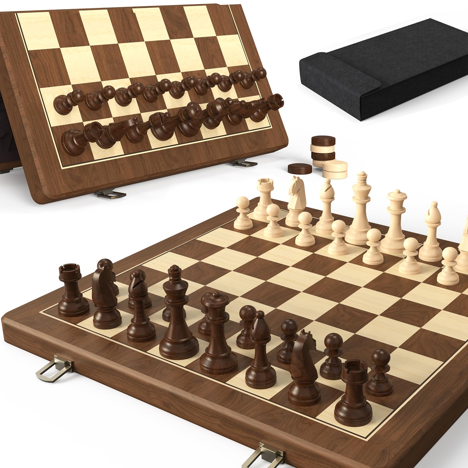 Doowroodni walnut 15-inch magnetic folding chess board for portable, elegant play