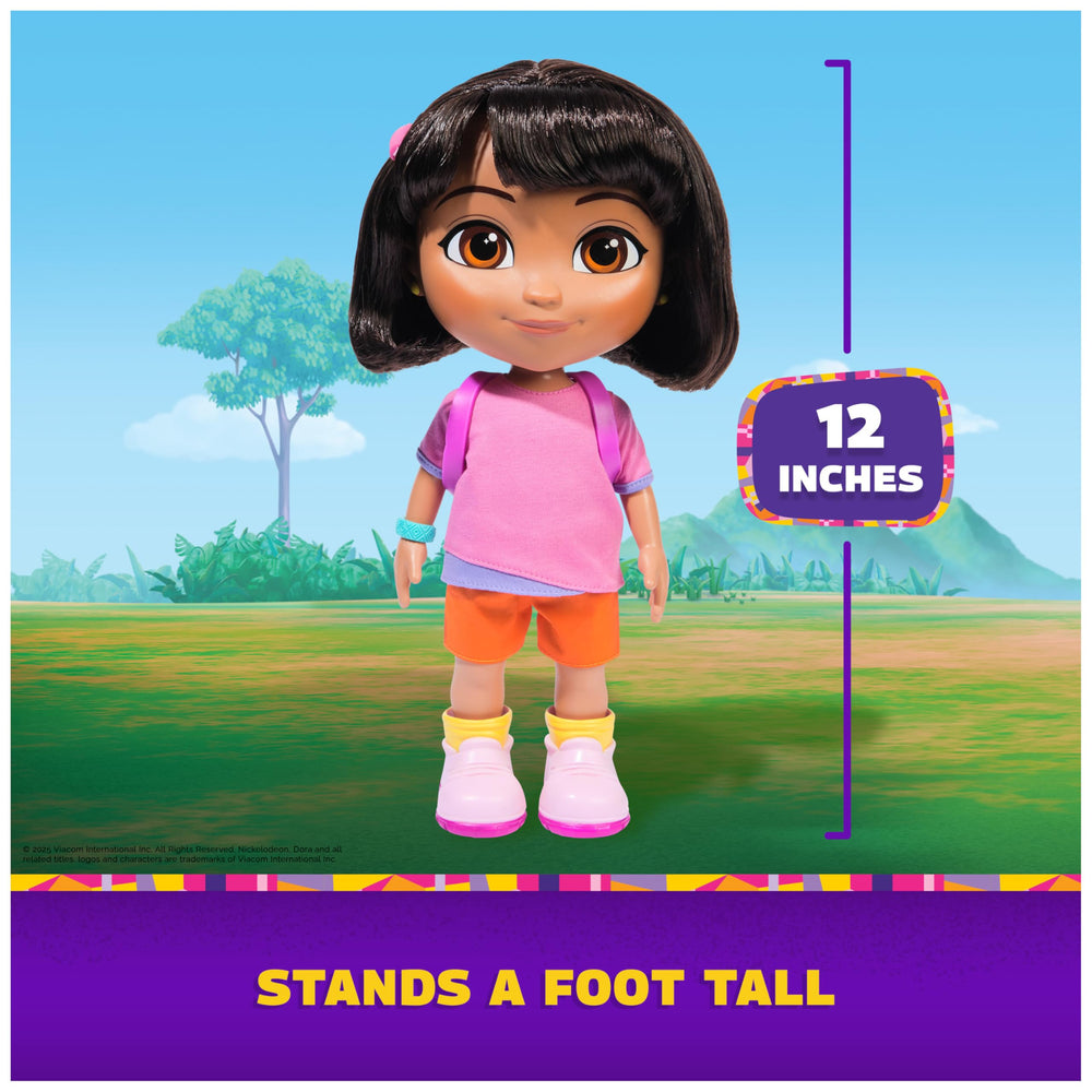 Dora Sing & Explore backpack top-opening feature highlighted for pretend packing