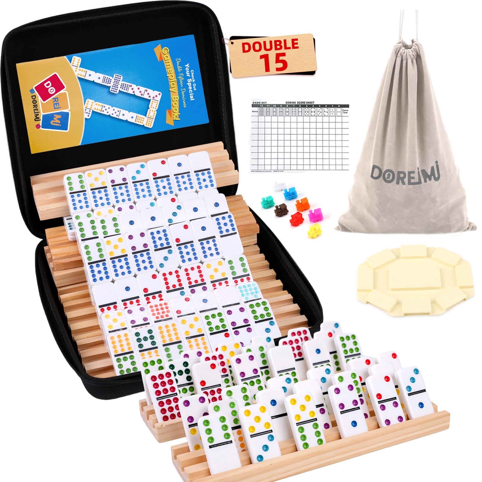 Doreimi Double 15 domino tiles with vibrant dots for clear gameplay during family nights