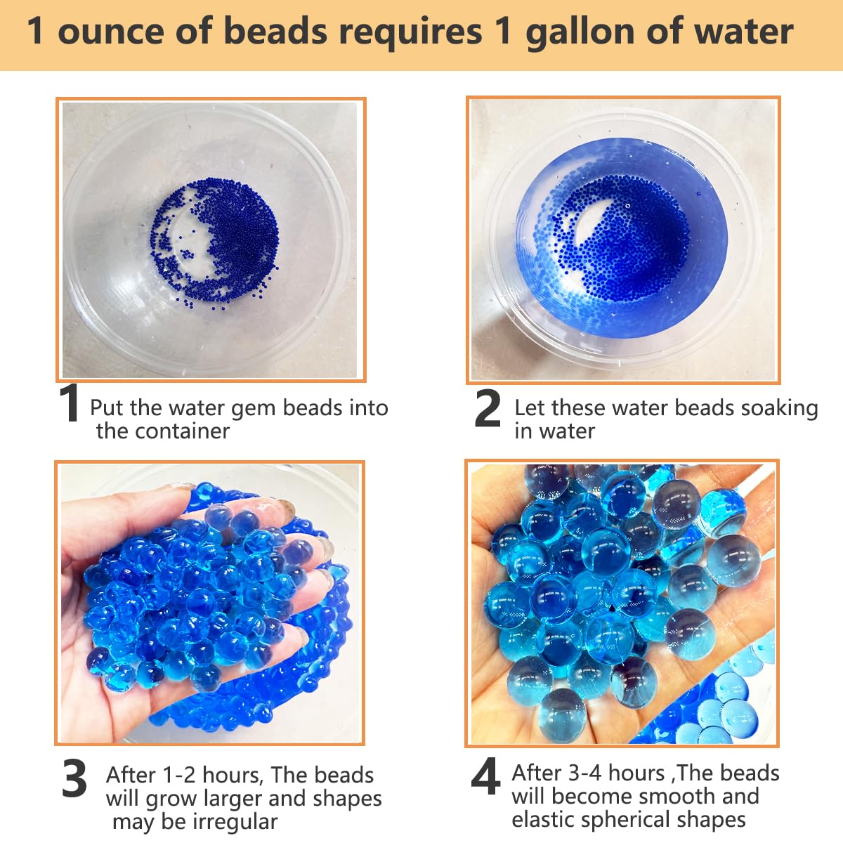 Dortrue gel balls soaking guidance showing 3-4 hour expansion for ready play