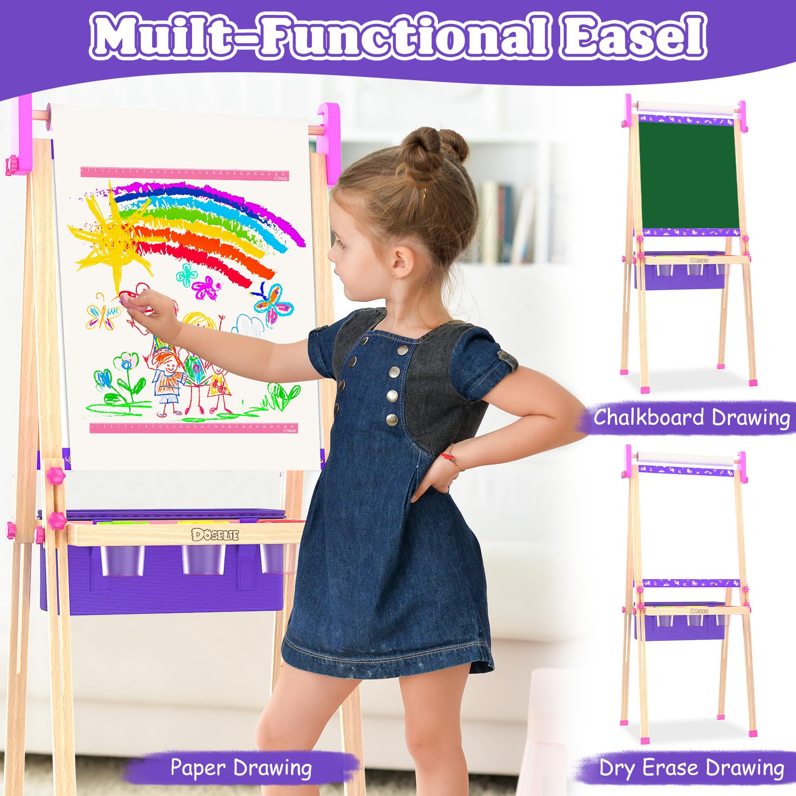 Doselie double-sided easel offers dry erase and chalk surfaces for versatile learning