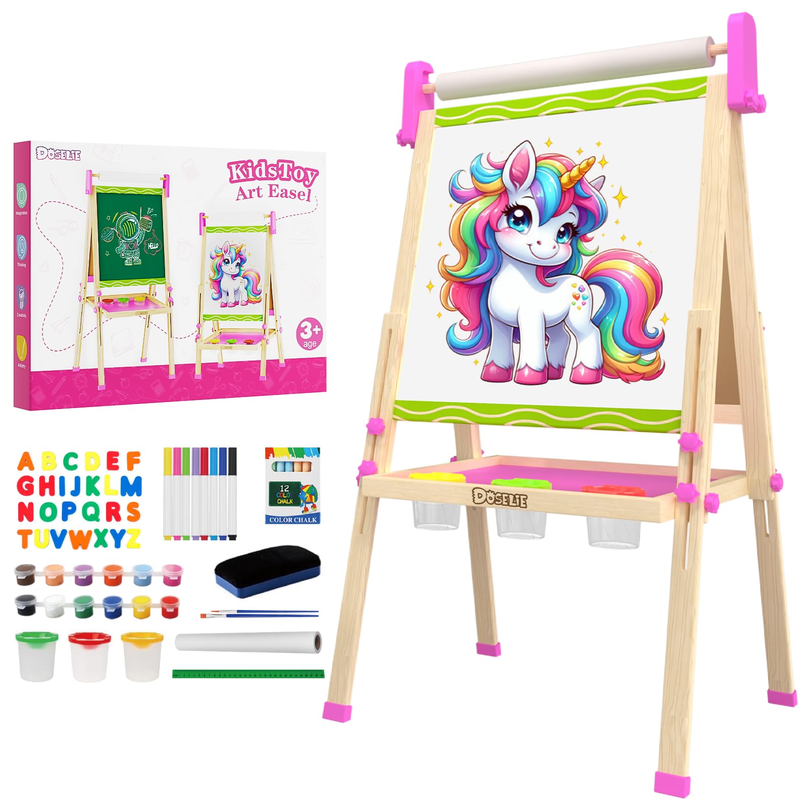 Doselie easel front view shows a sturdy, kid-friendly setup for creative play