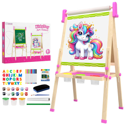 Doselie easel front view shows a sturdy, kid-friendly setup for creative play