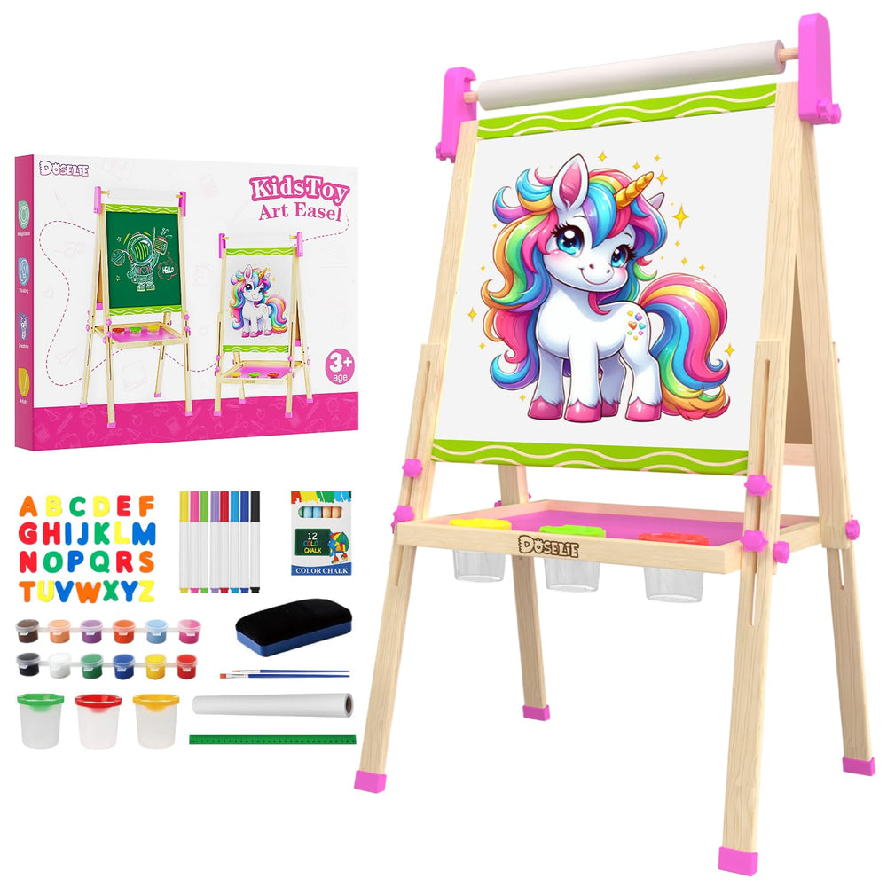Doselie easel front view shows a sturdy, kid-friendly setup for creative play