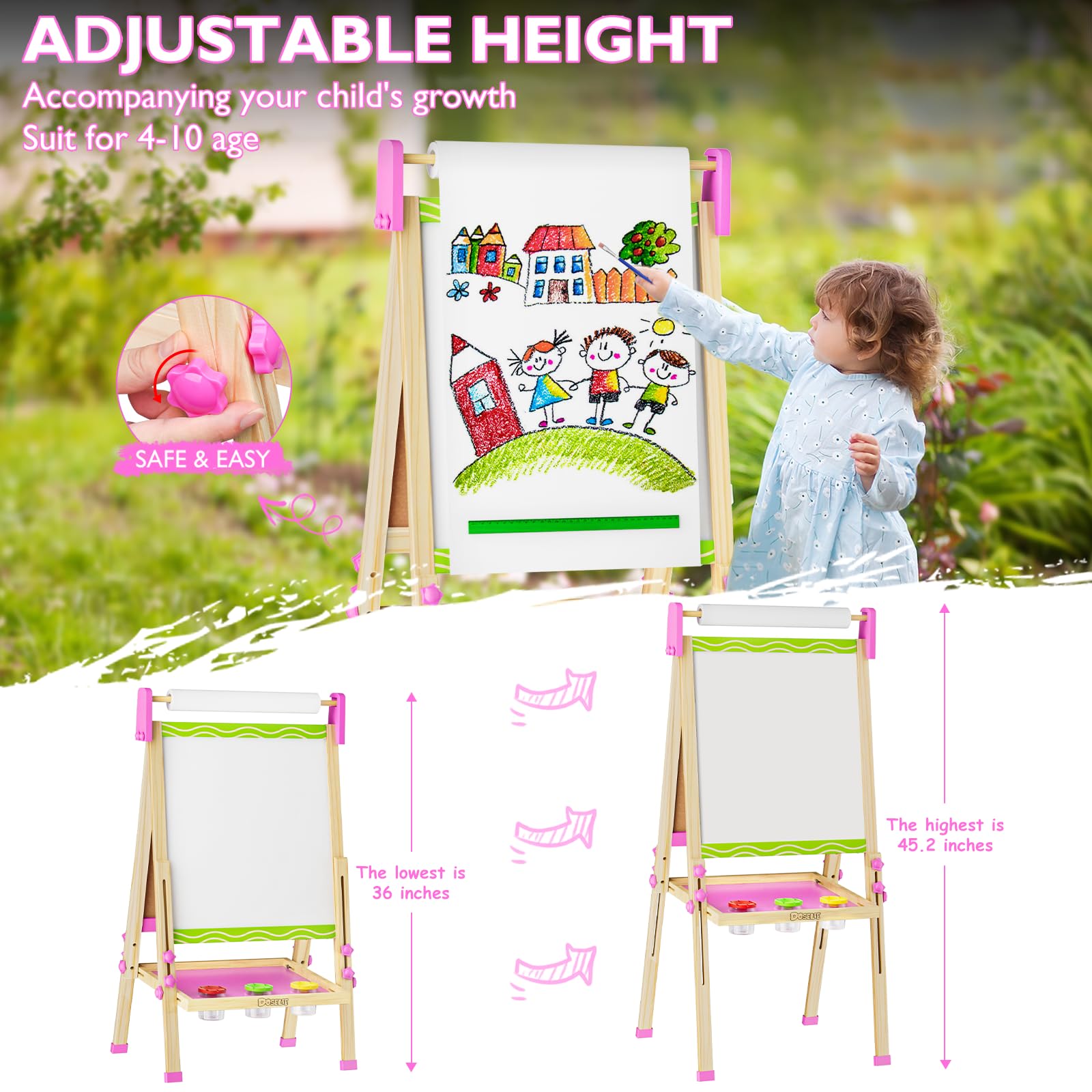 Doselie easel height-adjustment feature supports growing artists with comfortable work height