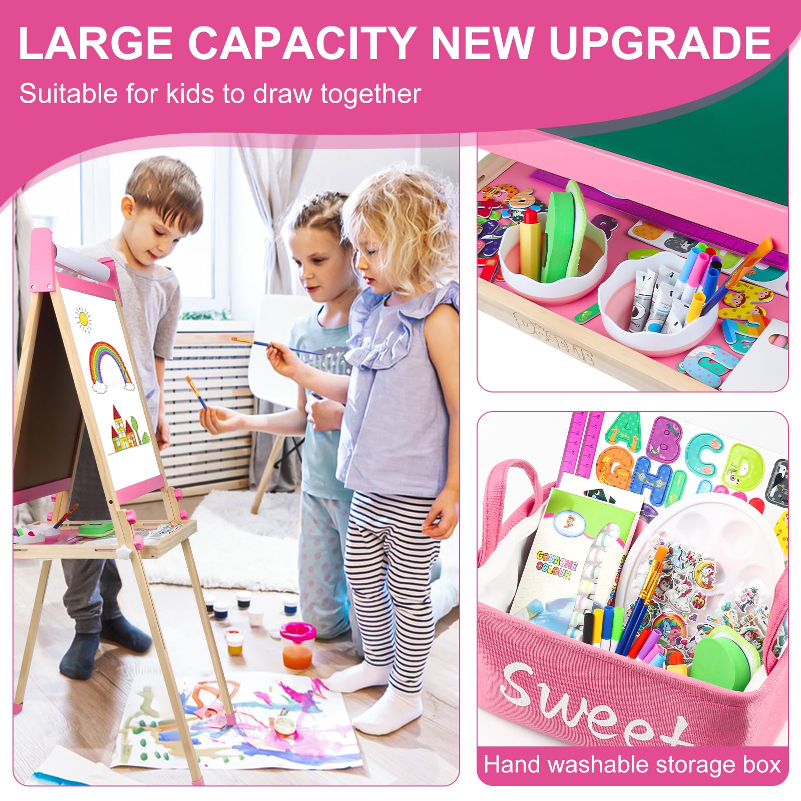 Doselie easel storage basket keeps brushes and supplies organized.