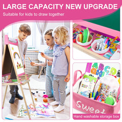 Doselie easel storage basket keeps brushes and supplies organized.