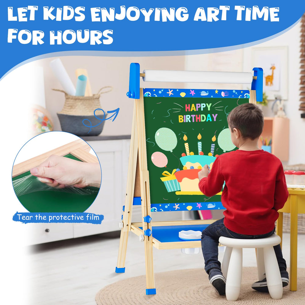 Doselie easel includes storage shelf and baskets for supplies