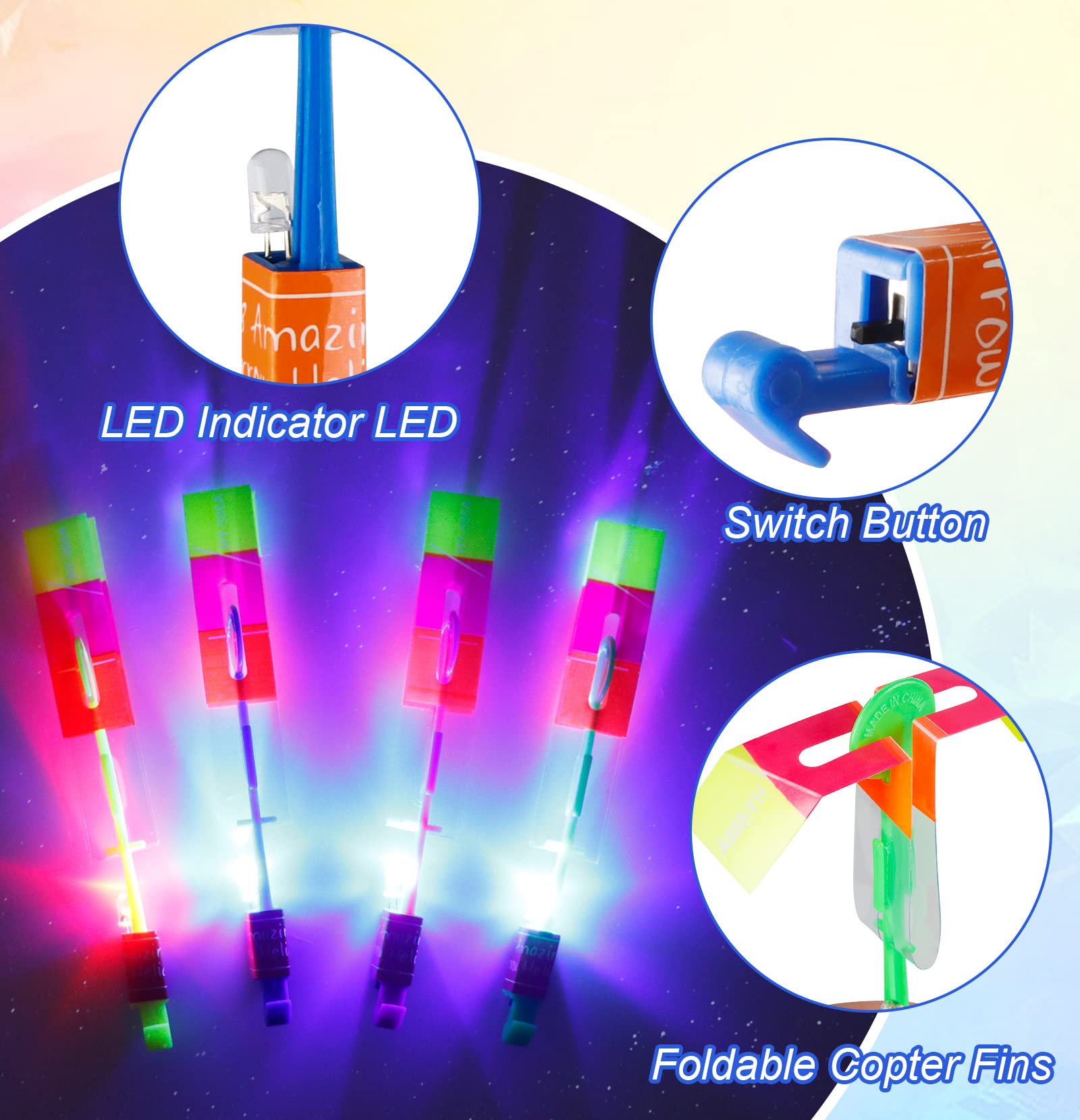 Dossini LED Arrow Helicopter night glow highlighting vibrant flight at dusk.