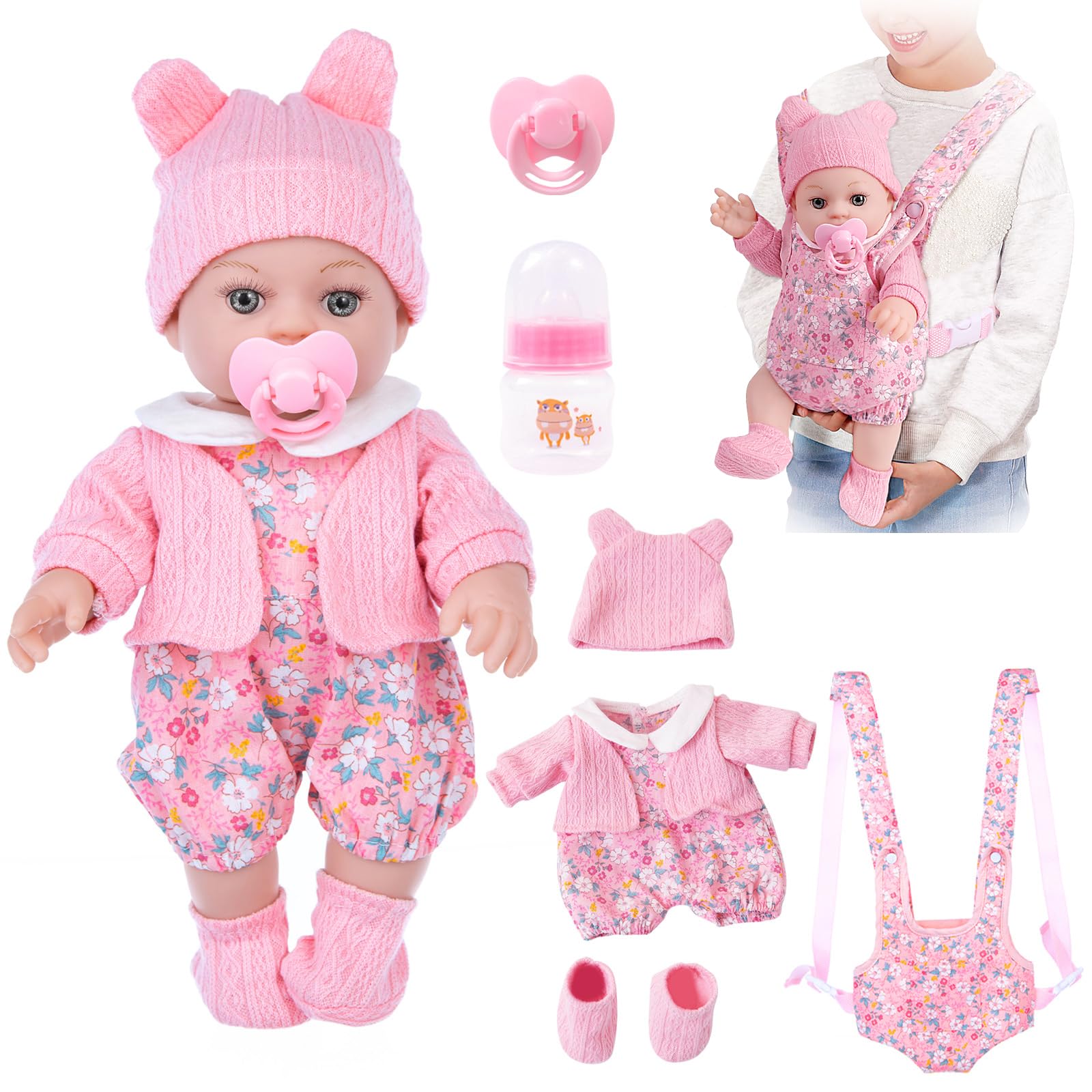 DOTVOSY 12-inch baby doll with carrier enables portable pretend play.
