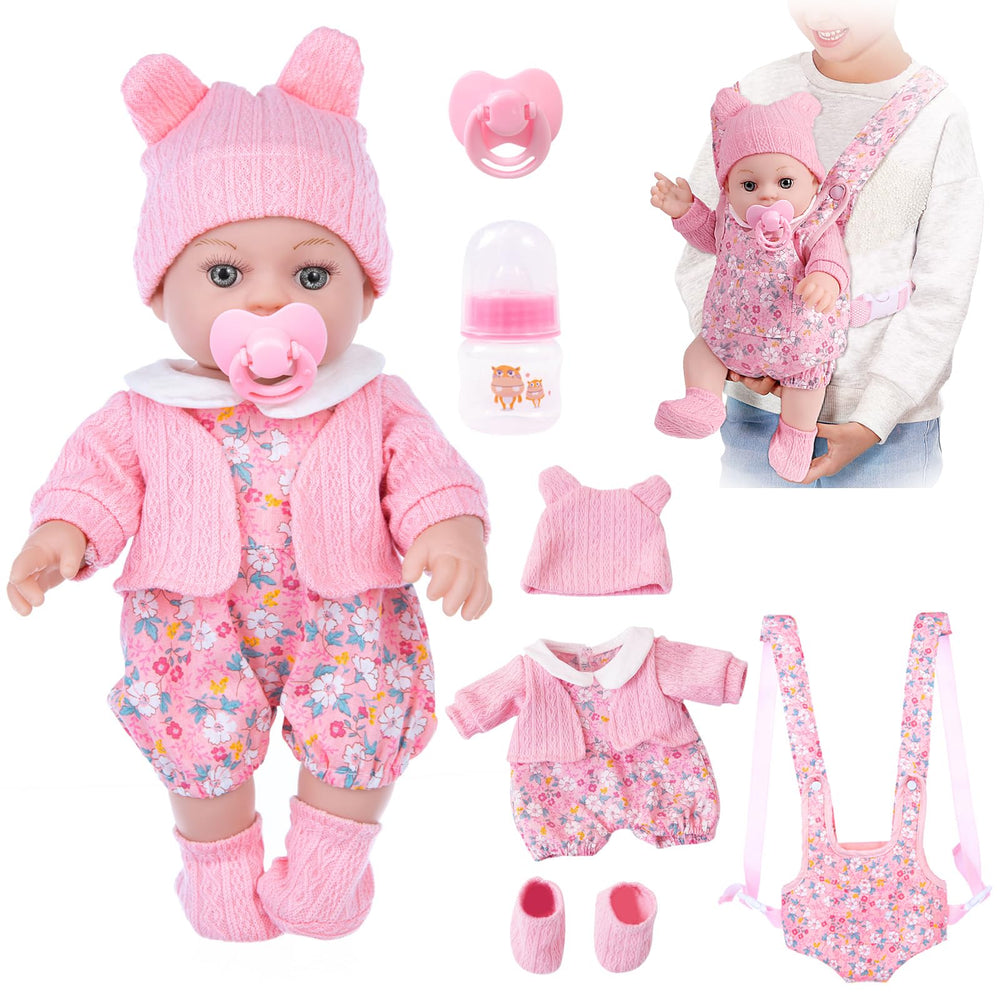 DOTVOSY 12-inch baby doll with carrier enables portable pretend play.