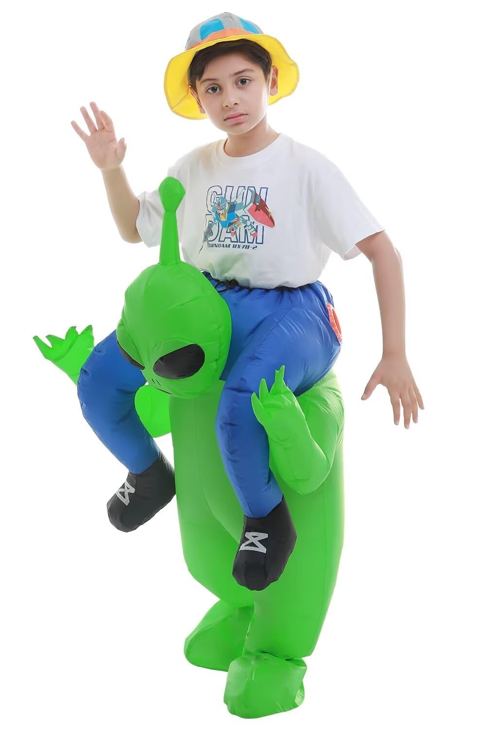 Double Couple alien costume head inflates for a dramatic, eye-catching look