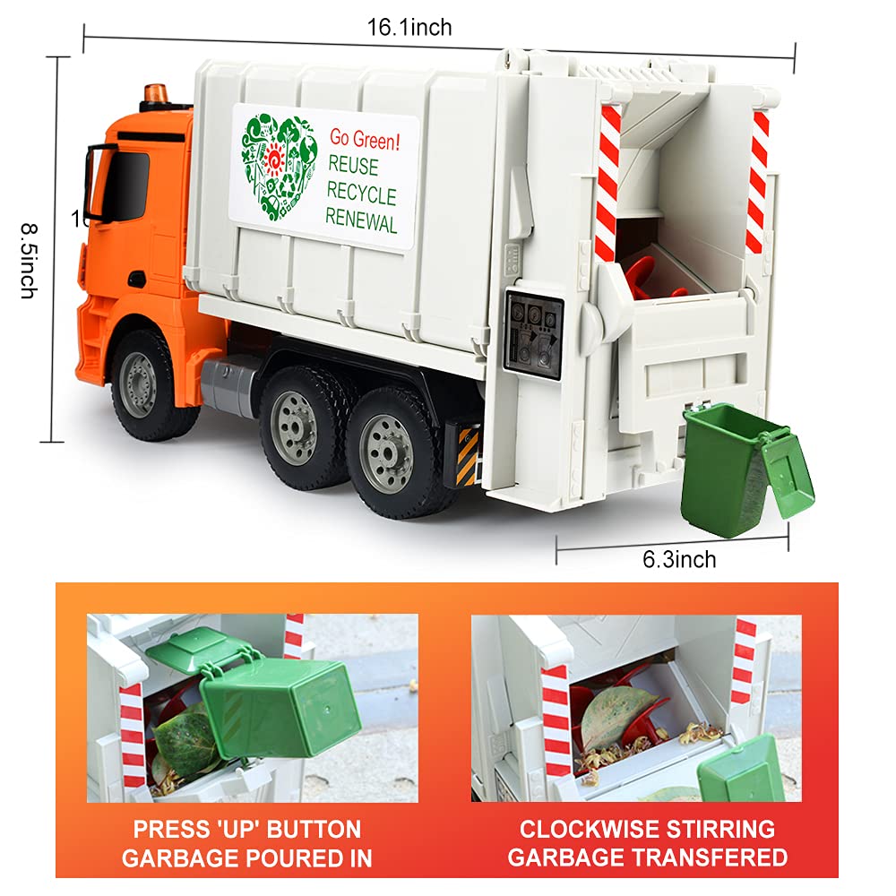 DOUBLE E Benz dump-action image demonstrates automatic bin dumping for realistic operation.