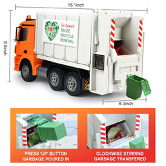 DOUBLE E Benz dump-action image demonstrates automatic bin dumping for realistic operation.