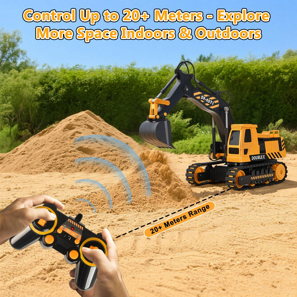 Double E RC excavator toy cab rotates up to 350 degrees for flexible viewing