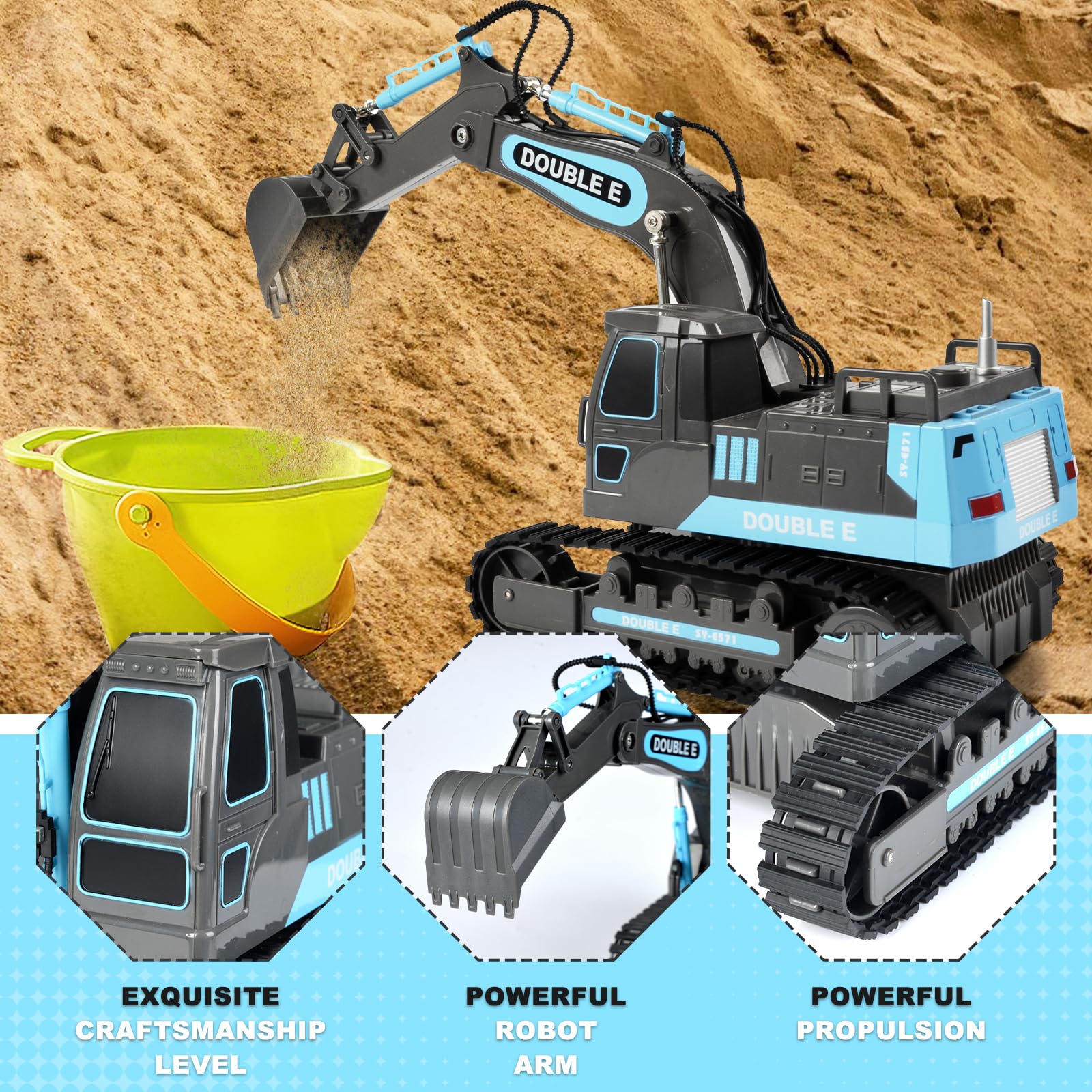 DOUBLE E excavator toy in action digging sand