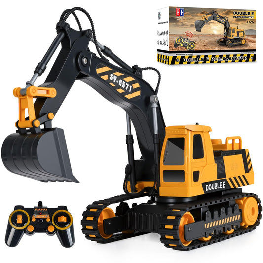 Double E RC excavator toy in action on a sandy play surface for imaginative play