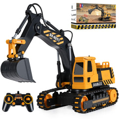 Double E RC excavator toy in action on a sandy play surface for imaginative play