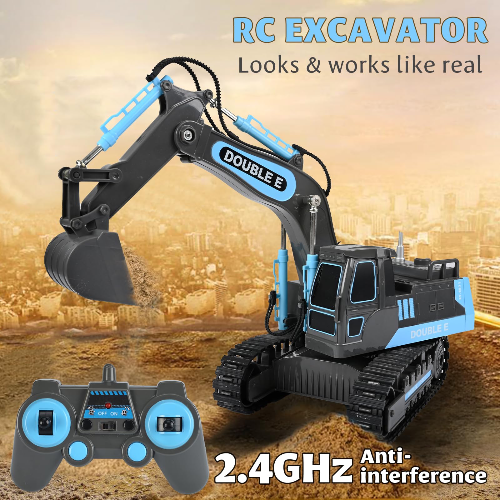 DOUBLE E excavator toy in a sandpit for imaginative play