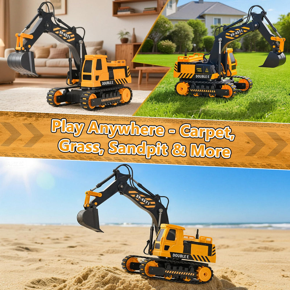Double E RC excavator toy rugged build for indoor and outdoor use