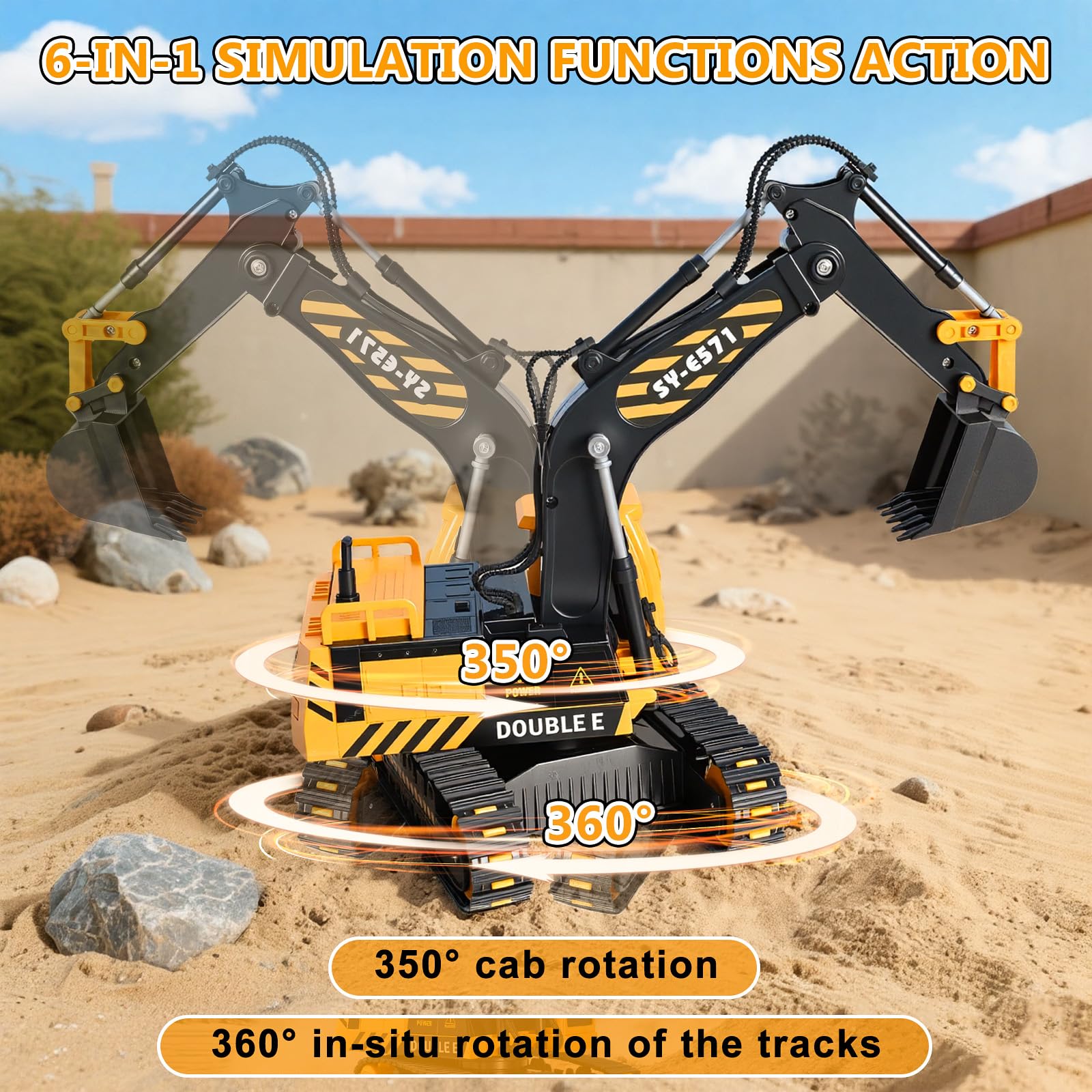 Double E RC excavator toy with 360-degree rotation for dynamic sandbox construction