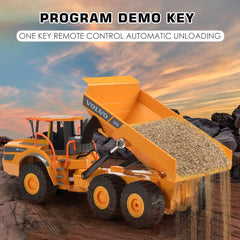 DOUBLE E Volvo RC dump truck articulated chassis showcases flexible movement for realistic tasks.