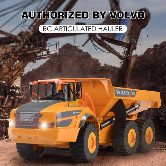 DOUBLE E Volvo RC dump truck with lights activated for night-time pretend play.