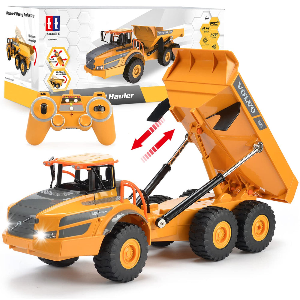 DOUBLE E Volvo RC dump truck in payload action for interactive construction play.